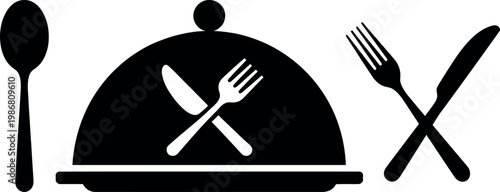 Classic dining set with spoon, fork, knife, and covered dish illustration
