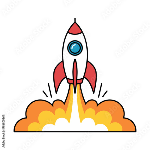 Rocket launch vector illustration featuring white and red spacecraft taking off with fire flames and smoke trail on dark background for space startup concept