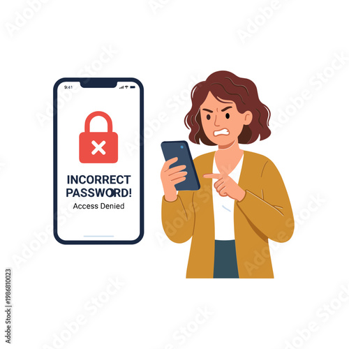 A frustrated woman tries to access her phone with an incorrect password on the screen.