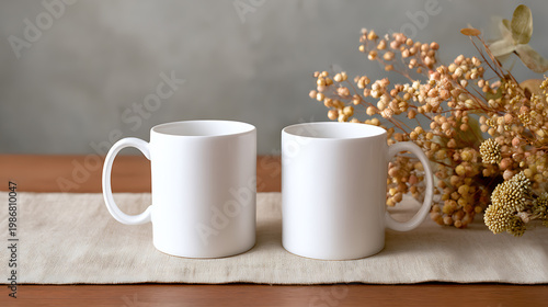 Two blank white mugs on wooden table with dry flowers and beige textile napkin. Perfect for mockup, branding or design presentation.
