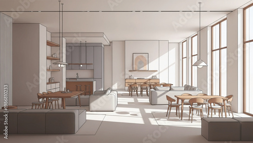 A modern minimalist living room and kitchen interior design with a bookshelf and table.