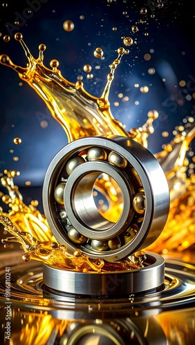 Close-up of bearing, metal and gold spheres with dynamic oil splash effect