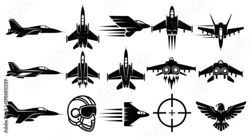 Military Fighter Jet Silhouettes and Air Force Wing Icons Set