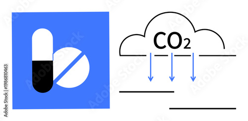 Healthcare, sustainability, pharmaceutical development, environmental science, carbon emissions, climate change. Pills and CO2 with illustrative cloud. Healthcare and sustainability concepts