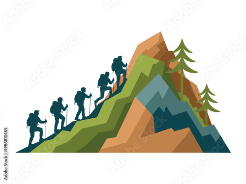 A group of hikers climbing up a mountain with trees and a white background