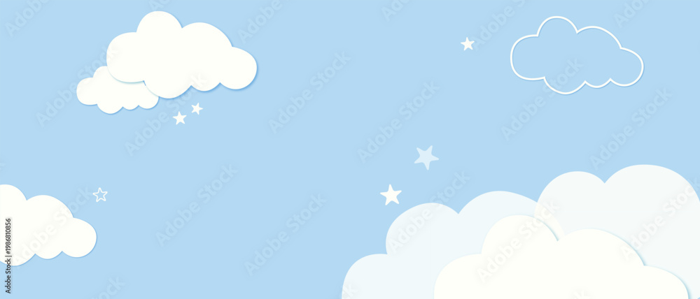 Obraz premium Cloud sky background with stars, horizontal blue banner with clouds for website header, landing page and digital design