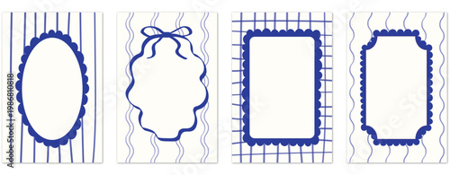 Blue vintage frame background set with striped and grid patterns, decorative template with ornate shapes for invitations, cards and design