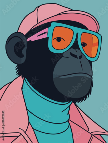 Stylish Chimpanzee in Pink Fashion and Sunglasses