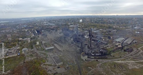 Aerial Panorama of Steel Plant Shrouded in Heavy Smog