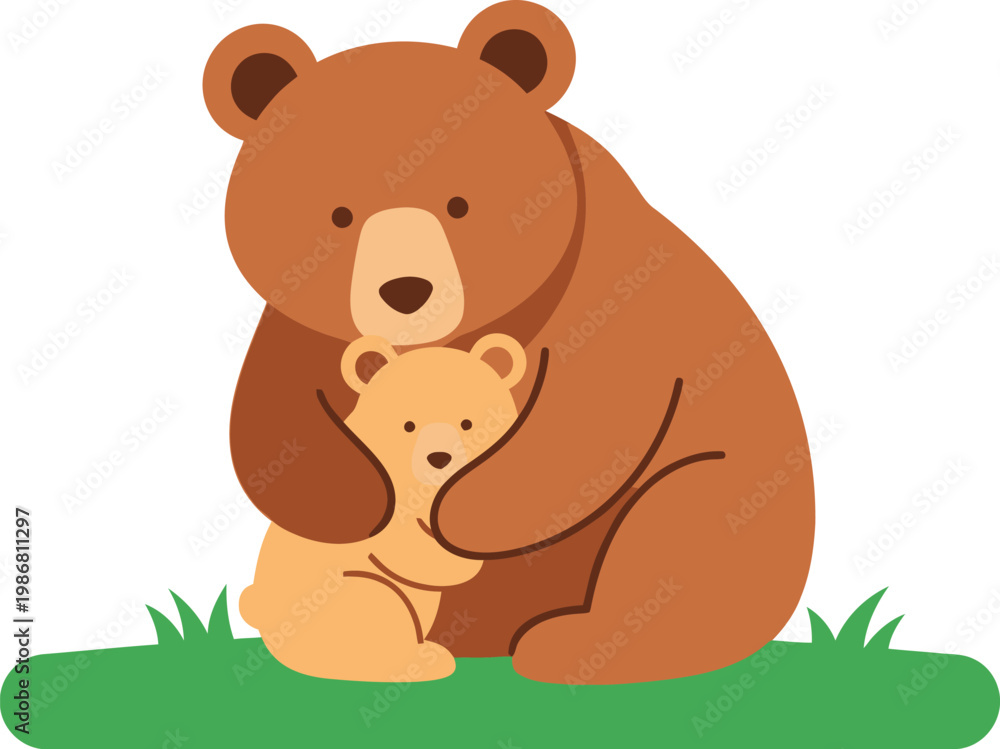 Obraz premium A large brown bear hugging a small yellow bear on green grass