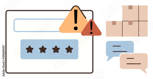 E-commerce, security alerts, customer feedback, online reviews, shipping logistics, digital communication. Browser window with warning icons, review ratings boxes chat bubbles. E-commerce