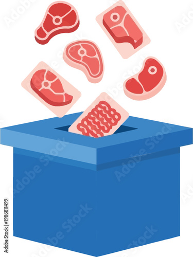 Raw meat steaks falling into blue ballot box