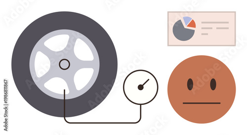 Vehicle maintenance, safety inspection, road safety, performance analysis, feedback, monitoring systems. Tire with pressure gauge, pie chart and neutral happy. Safety inspection and performance