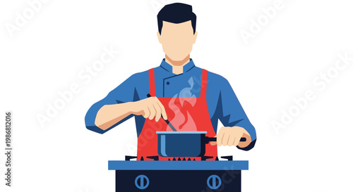 Faceless Male Chef Cooking Food in Pan on Stove Flat Vector Illustration