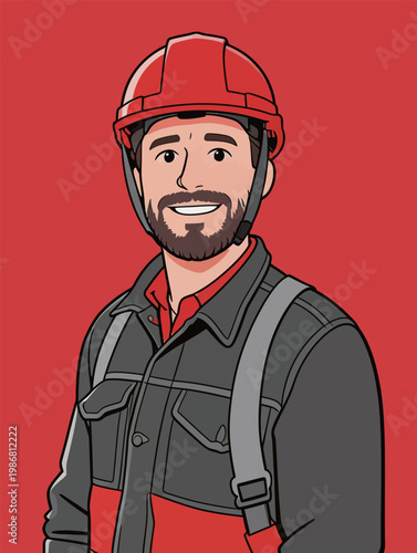 Male Worker in Red Hard Hat and Uniform