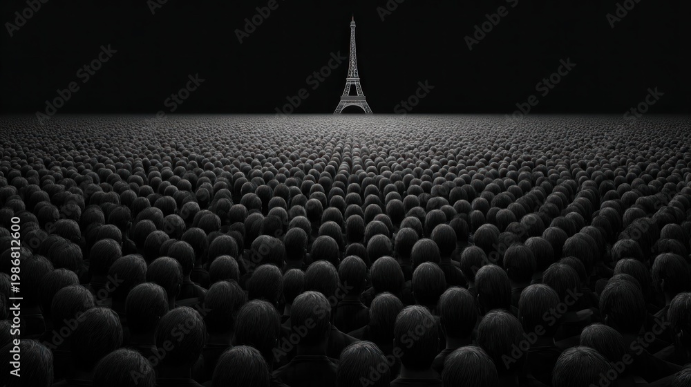 Obraz premium massive crowd people watching eiffel tower paris night glowing lights travel tourism landmark atmosphere