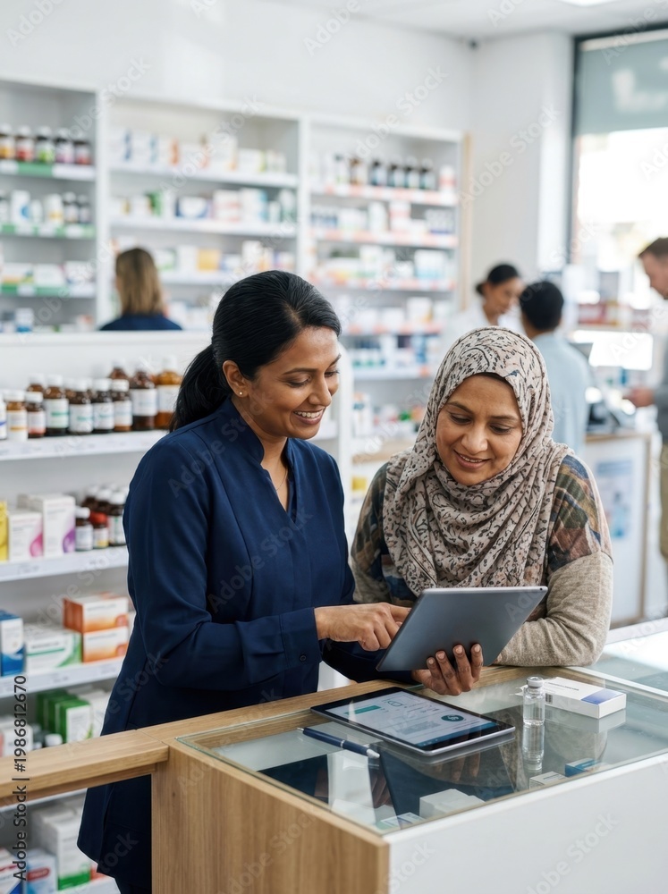 Fototapeta premium A smiling professional pharmacist helping a female customer in a pharmacy, using a digital tablet to discuss medication or health information at the counter.