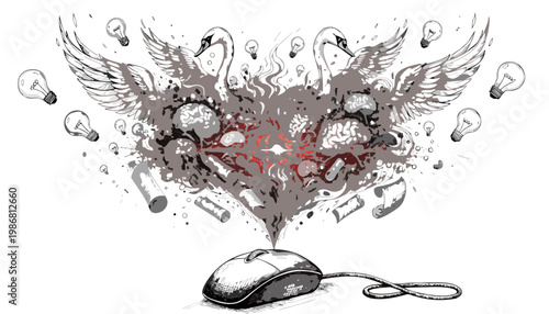 Creative Spark and Digital Evolution Concept with Swans, Lightbulbs, and Computer Mouse.eps