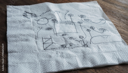 A hand-drawn schematic or diagram on a napkin with various symbols and lines.