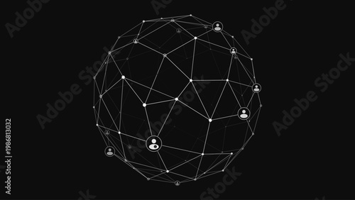 Abstract global network sphere with user icons, digital communication and social connection concept