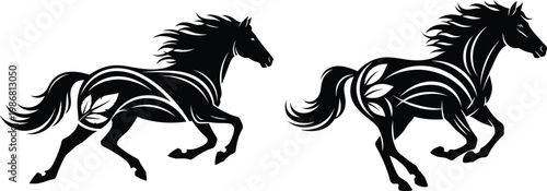 Black silhouette two running horses vector illustration set