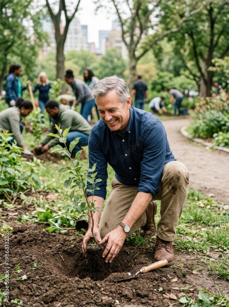 Fototapeta premium Smiling middle aged man planting a young tree sapling in a park during a community gardening volunteering event on a sunny day.