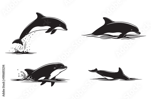 Set of different silhouettes of dolphins in different poses on transparent background, swimming animals and jumping, vector illustration