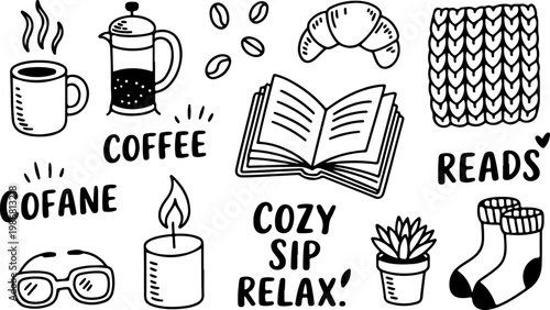 cozy lifestyle doodle collection with coffee cup french press croissant book candle glasses socks and plants in hand drawn black outline vector illustration