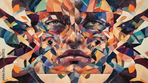 Abstract face portrait, vibrant colors, geometric shapes.