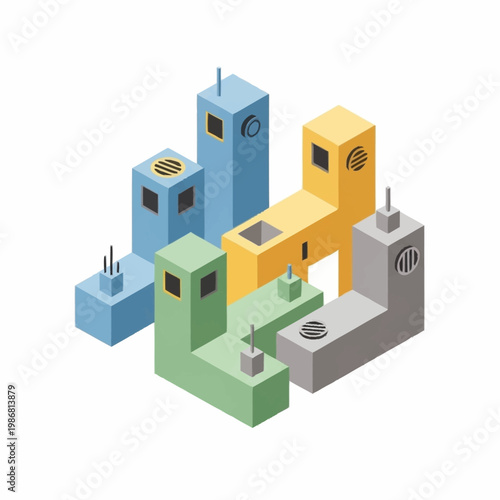 Colorful isometric industrial factory buildings.
