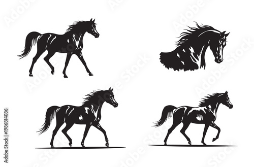 Black silhouette horse collection set featuring running stallion animals majestic wild mustang creatures in various gallop motion poses isolated on transparent background for design