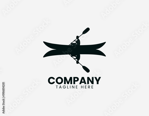 A solitary person is shown paddling a small kayak on calm water in a minimalist black vector style with a clear reflection.