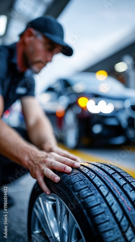 Seasonal car maintenance with tire change in residential garage