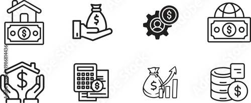 Finance icon set collection group featuring banking money investment budget accounting currency payment business economy tax profit savings credit wallet analytics modern vector design.