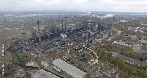 Aerial Drone Inspection of Steel Plant Emitting Smoke