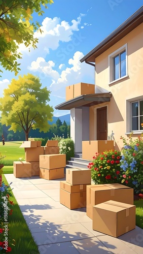 A suburban home with moving boxes on the sidewalk