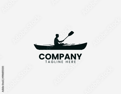 A solitary person is shown paddling a small kayak on calm water in a minimalist black vector style with a clear reflection.