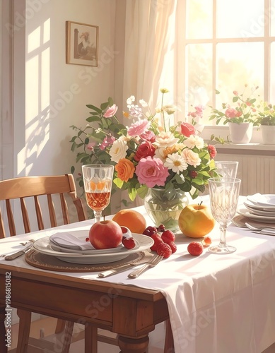 A sunlit dining room table set with flowers and fruit