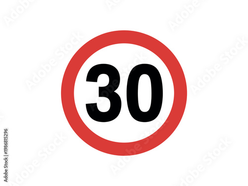 A red and white speed limit sign displaying the number 30 on a plain background