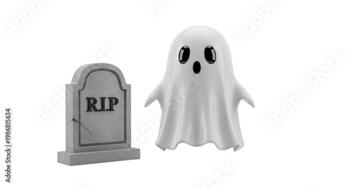 Cute Cartoon Ghost and RIP Tombstone