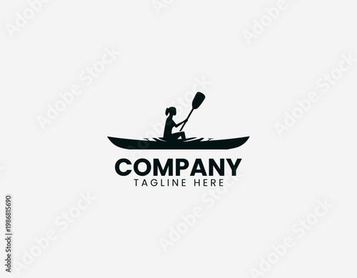 A solitary person is shown paddling a small kayak on calm water in a minimalist black vector style with a clear reflection.