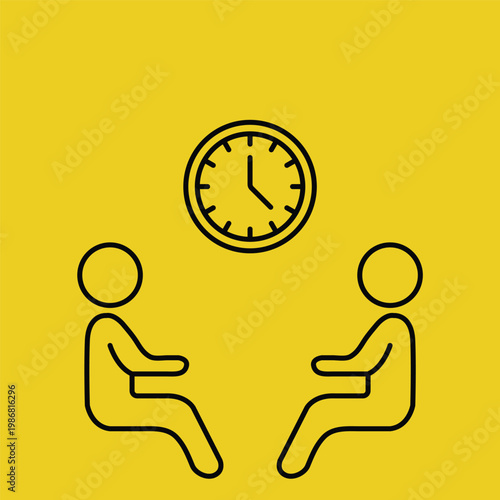 Professional meeting and time management concept with two people discussing under a ticking clock.