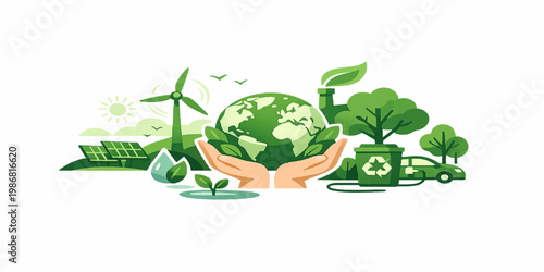 Hands holding green leaves and a globe icon to represent a nature conservation concept for global ecology and environmental recycling in a clean vector illustration