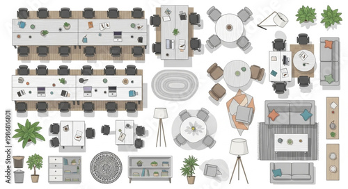 Top down view of modern office furniture and decor elements.