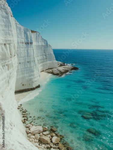 Scenic Mediterranean landscape featuring the rocky coastline and turquoise water of a summer bay along the shore of Crete island in Greece