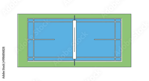 Tennis court with green surroundings.