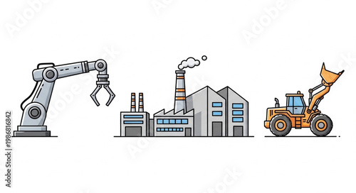 Industrial factory with robotic arm and construction vehicle illustration.