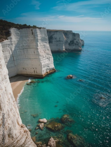 Scenic Mediterranean landscape featuring the rocky coastline and turquoise water of a summer bay along the shore of Crete island in Greece