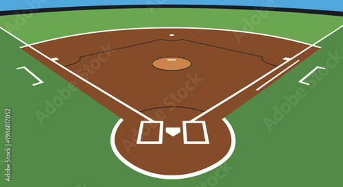 A baseball field with brown dirt and green grass.