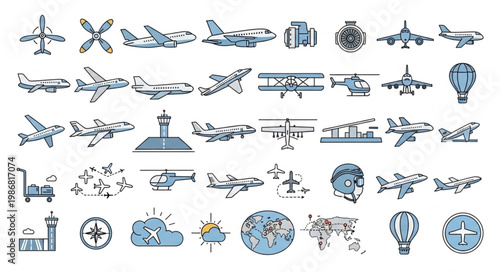 Collection of various aircraft and aviation elements hand drawn style.